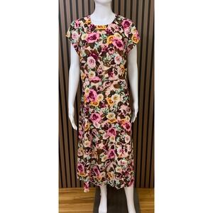 Böhme Women's Floral Midi Dress XL Pink Yellow Rose Print Smocked Waist